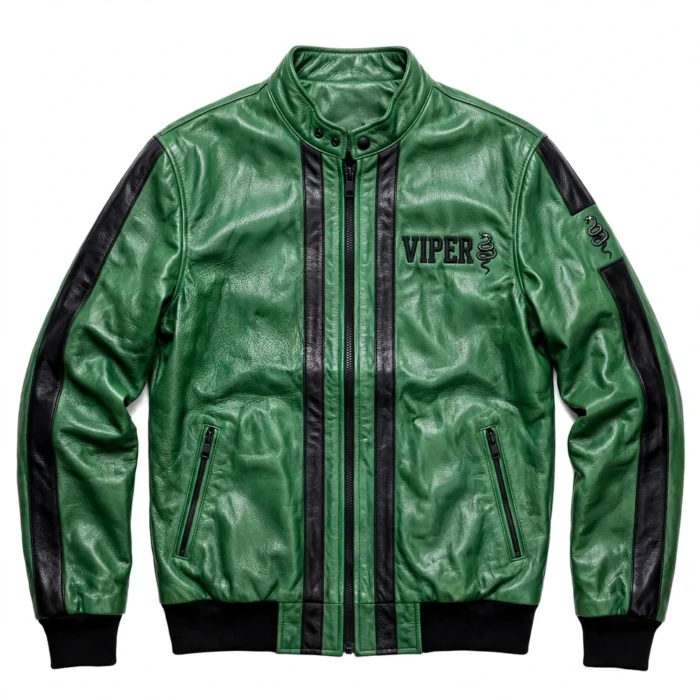 Viper Leather Jacket front view, venom green with black racing stripes racer jacket
