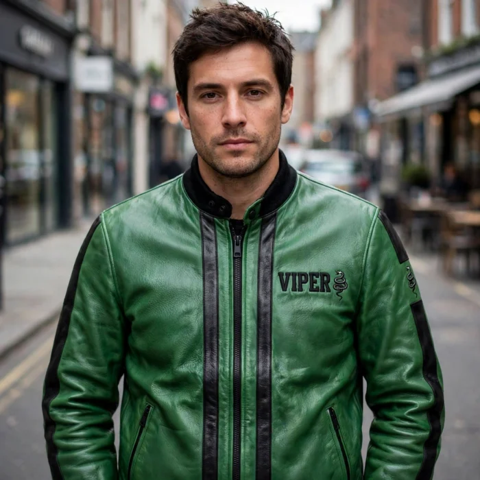 Model wearing the Viper Leather Jacket, venom green with black racing stripes racer jacket