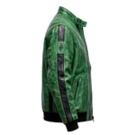 Viper Leather Jacket side view, venom green with black racing stripes racer jacket
