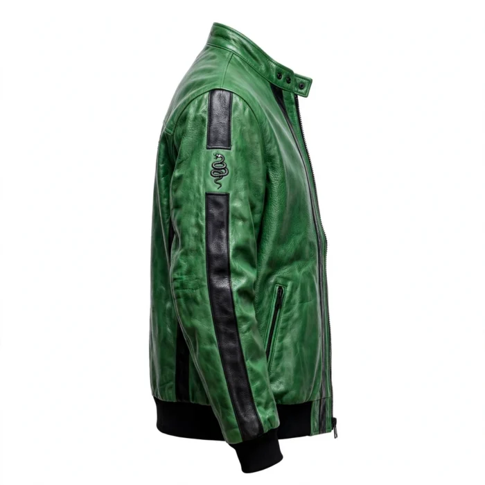 Viper Leather Jacket side view, venom green with black racing stripes racer jacket