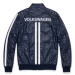 Volkswagen Leather Jacket back view, navy blue with white stripes racer jacket