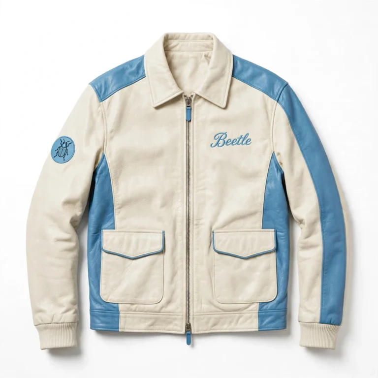 Volkswagen Beetle Leather Jacket front view, cream with sky-blue panels cruiser jacket