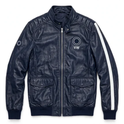Volkswagen Leather Jacket front view, navy blue with white stripes racer jacket