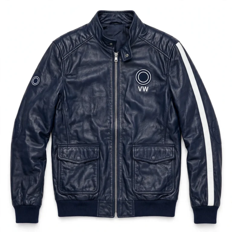 Volkswagen Leather Jacket front view, navy blue with white stripes racer jacket
