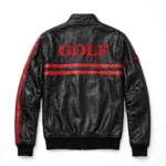 Volkswagen Golf Leather Jacket back view, black with red GTI-style stripes racer jacket