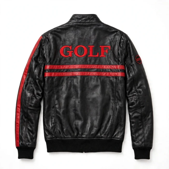 Volkswagen Golf Leather Jacket back view, black with red GTI-style stripes racer jacket