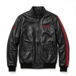 Volkswagen Golf Leather Jacket front view, black with red GTI-style stripes racer jacket