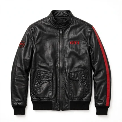 Volkswagen Golf Leather Jacket front view, black with red GTI-style stripes racer jacket