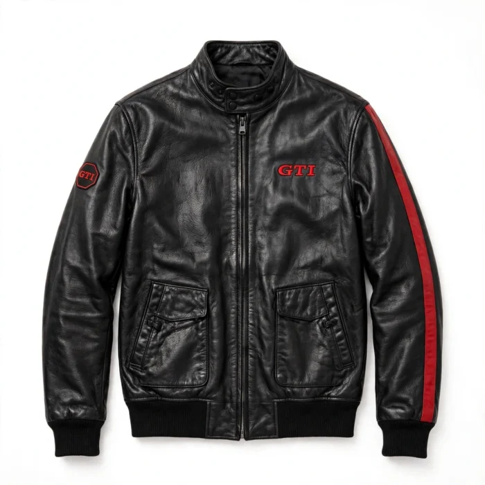Volkswagen Golf Leather Jacket | GTI Hot Hatch Racer | Blackstone Jackets - Front View Volkswagen Golf Leather Jacket front view, black with red GTI-style stripes racer jacket