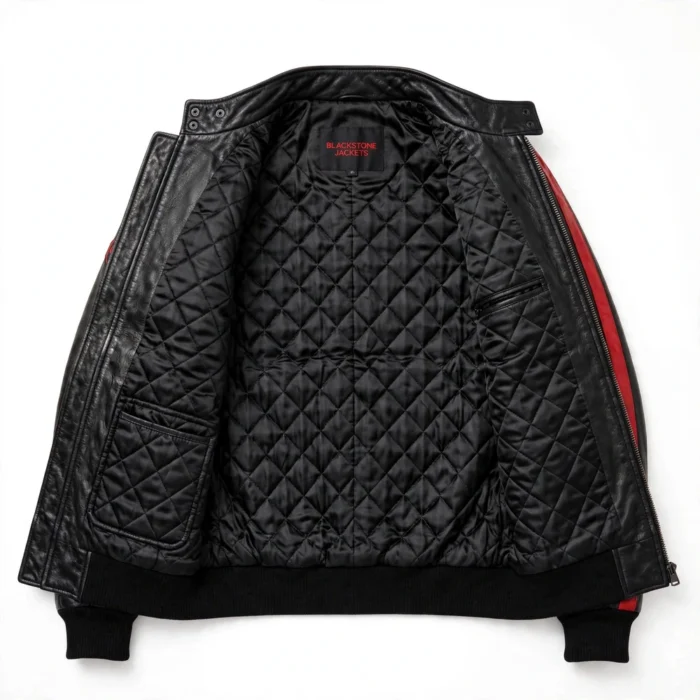 Volkswagen Golf Leather Jacket inner lining view, quilted black satin lining
