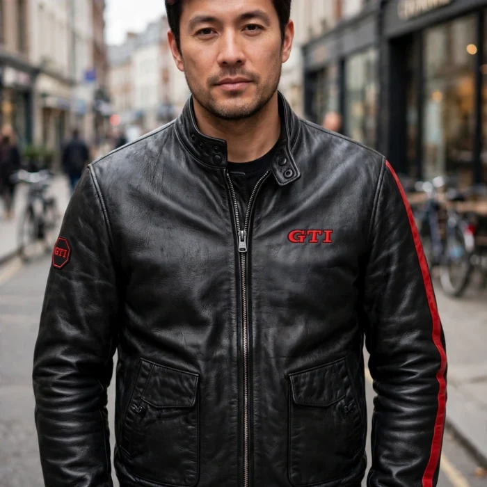 Model wearing the Volkswagen Golf Leather Jacket, black with red GTI-style stripes racer jacket
