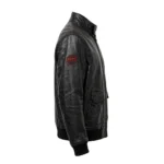 Volkswagen Golf Leather Jacket side view, black with red GTI-style stripes racer jacket