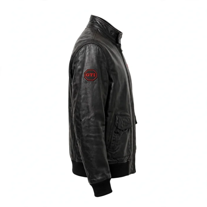 Volkswagen Golf Leather Jacket side view, black with red GTI-style stripes racer jacket