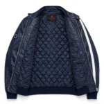 Volkswagen Leather Jacket inner lining view, quilted navy satin lining