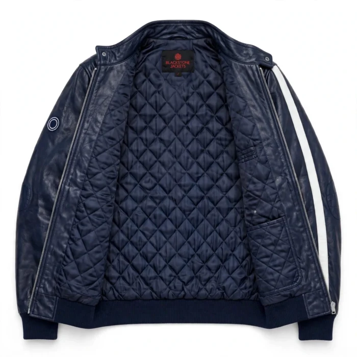 Volkswagen Leather Jacket inner lining view, quilted navy satin lining