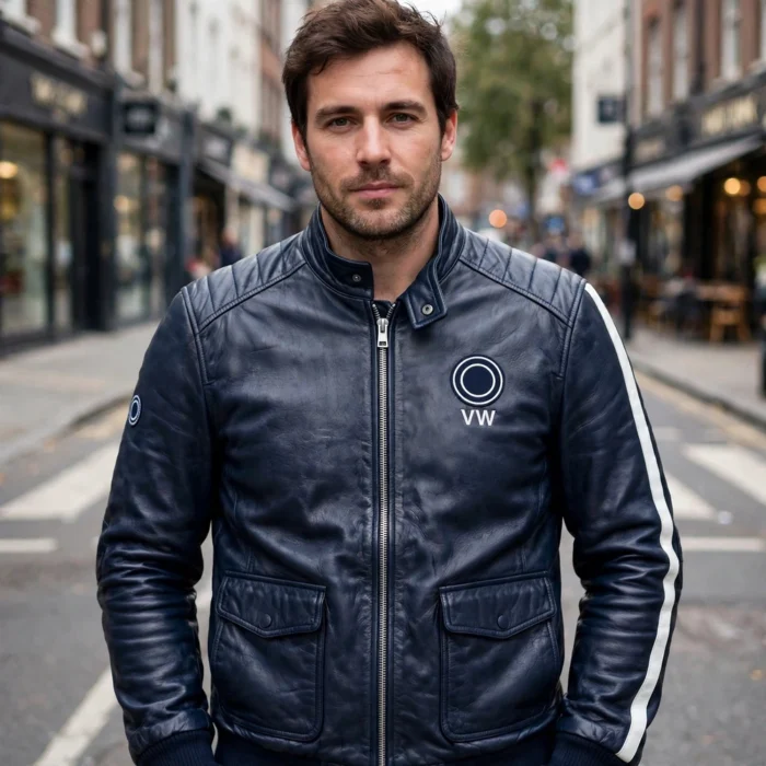 Model wearing the Volkswagen Leather Jacket, navy blue with white stripes racer jacket