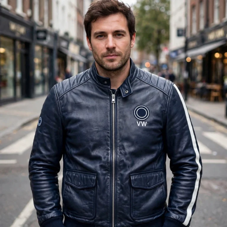 Model wearing the Volkswagen Leather Jacket, navy blue with white stripes racer jacket