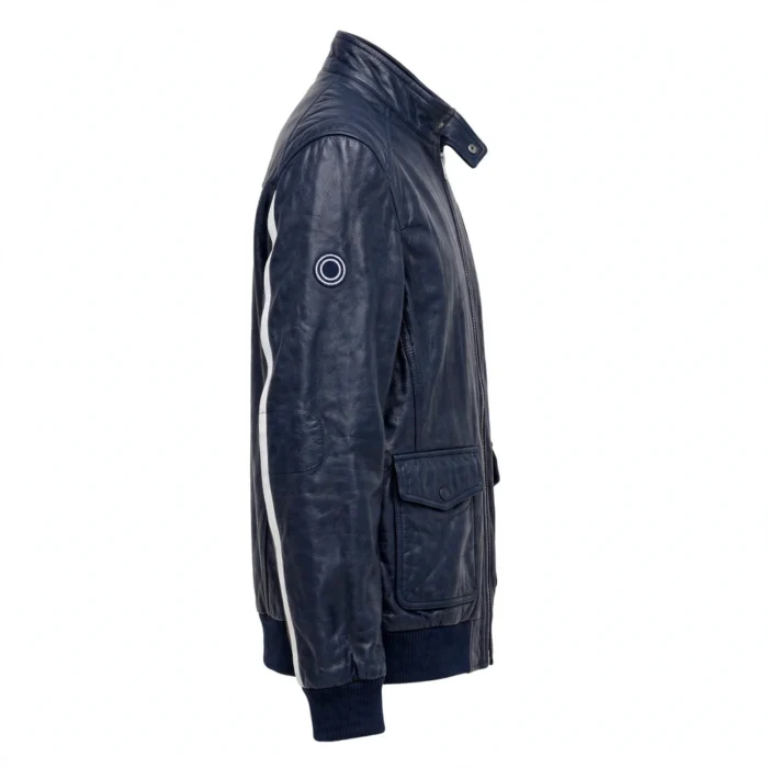 Volkswagen Leather Jacket side view, navy blue with white stripes racer jacket