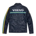 Volvo Leather Jacket back view, dark navy blue with Swedish blue and yellow accent stripes rally racer jacket