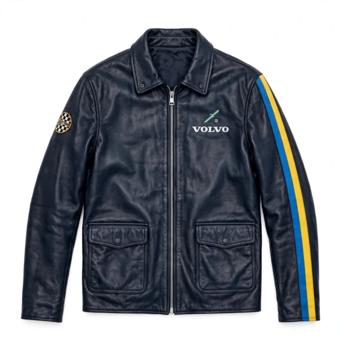Volvo Leather Jacket | Scandinavian Rally Tourer | Blackstone Jackets - Front View Volvo Leather Jacket front view, dark navy blue with Swedish blue and yellow accent stripes rally racer jacket