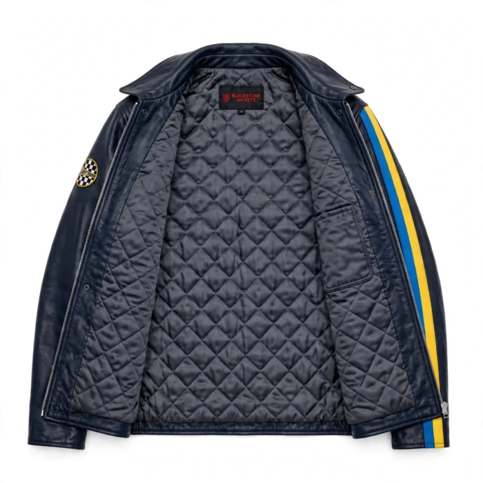 Volvo Leather Jacket inner lining view, quilted dark grey satin lining