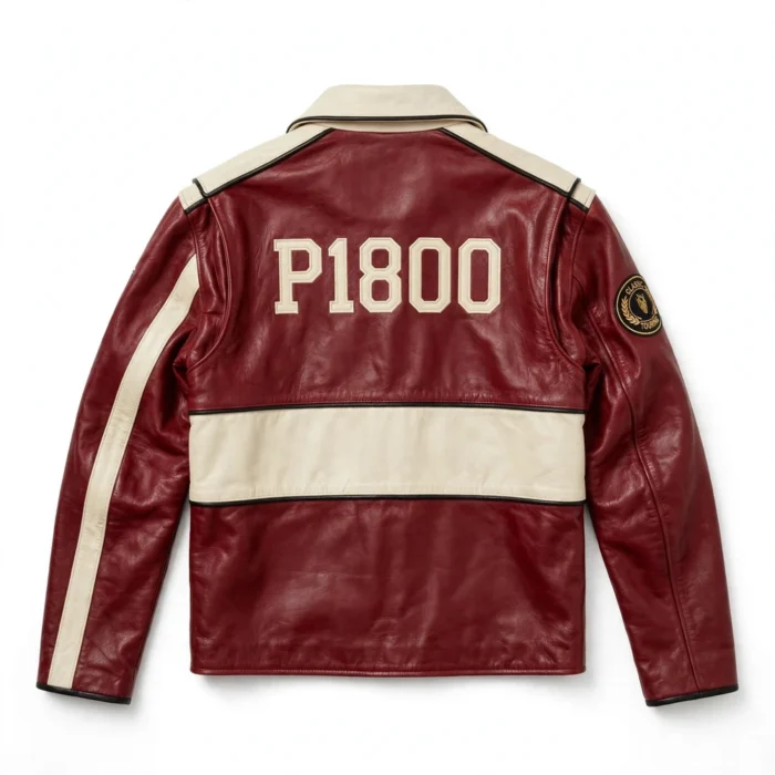 Volvo P1800 Leather Jacket back view, deep red with cream panels classic coupe cruiser jacket