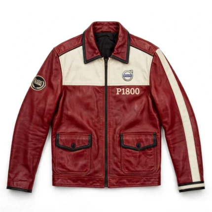 Volvo P1800 Leather Jacket front view, deep red with cream panels classic coupe cruiser jacket