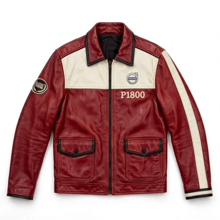 Volvo P1800 Leather Jacket front view, deep red with cream panels classic coupe cruiser jacket