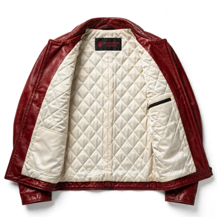 Volvo P1800 Leather Jacket inner lining view, quilted cream satin lining