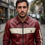 Model wearing the Volvo P1800 Leather Jacket, deep red with cream panels classic coupe cruiser jacket