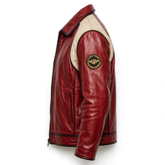 Volvo P1800 Leather Jacket side view, deep red with cream panels classic coupe cruiser jacket