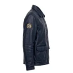 Volvo Leather Jacket side view, dark navy blue with Swedish blue and yellow accent stripes rally racer jacket