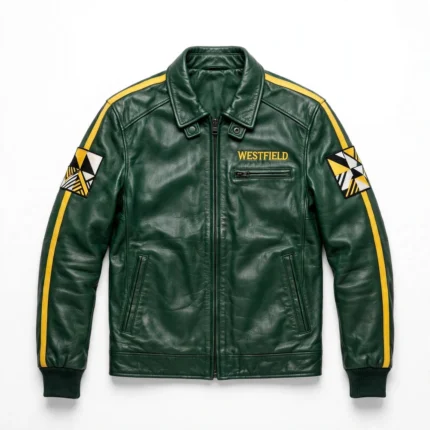 Westfield Leather Jacket front view, british racing green with a yellow stripe roadster jacket, WESTFIELD wordmark embroidered on the left chest