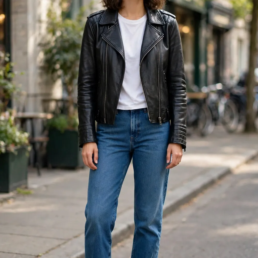 Black leather biker jacket with white tee and blue jeans - casual outfit idea