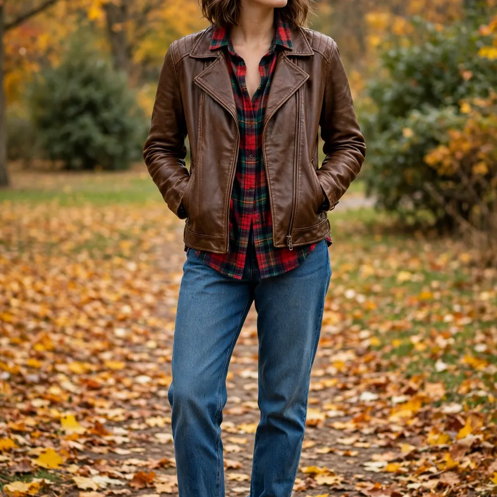 Brown leather moto jacket over flannel shirt and jeans - fall outfit idea