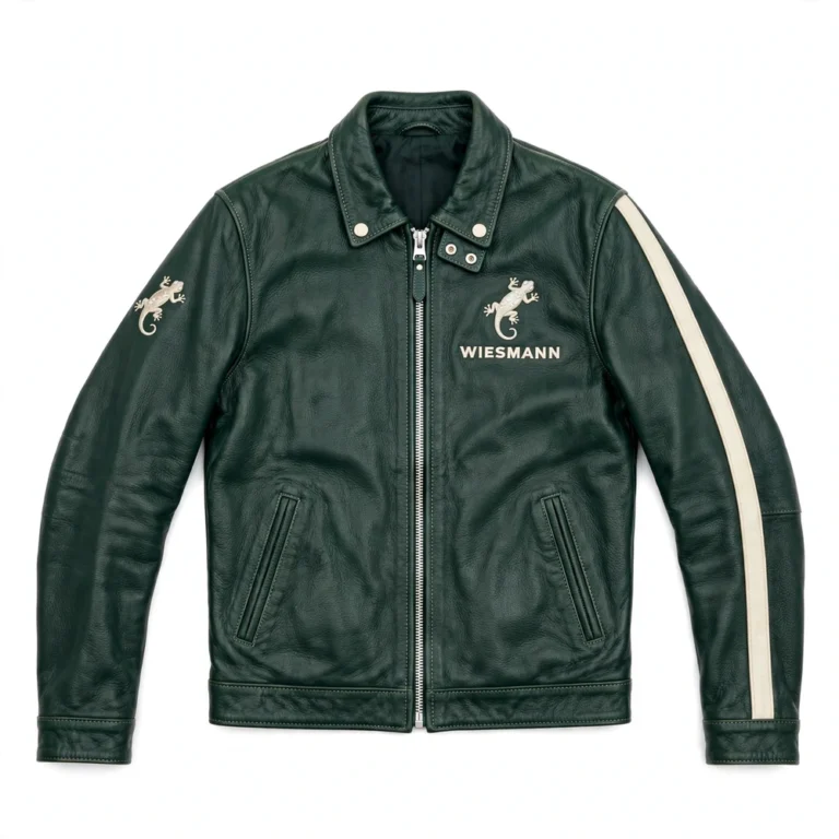 Wiesmann Leather Jacket front view, dark racing green with cream stripes roadster jacket
