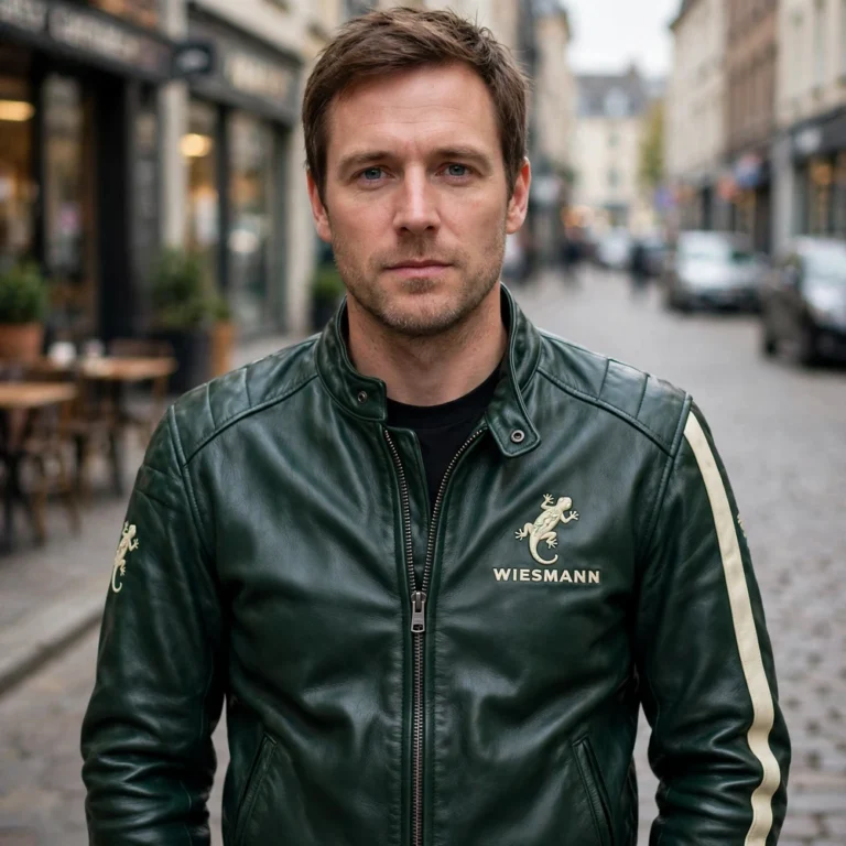 Model wearing the Wiesmann Leather Jacket, dark racing green with cream stripes roadster jacket
