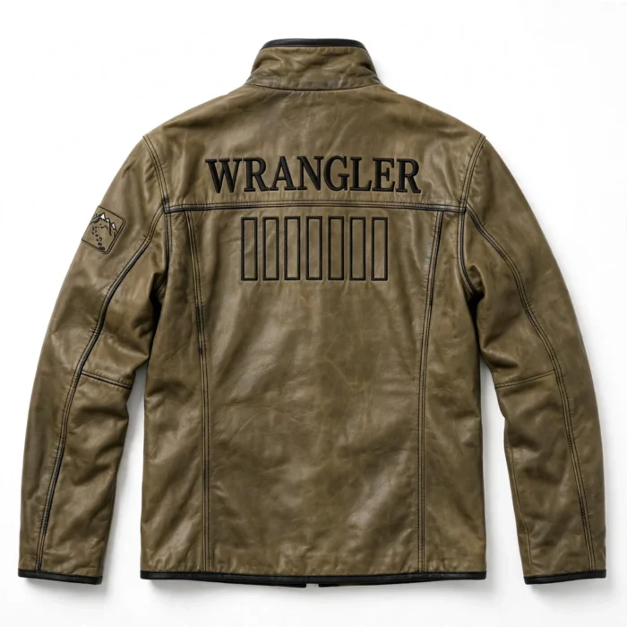 Wrangler Leather Jacket back view, khaki-olive with black trim field jacket