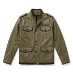 Wrangler Leather Jacket front view, khaki-olive with black trim field jacket