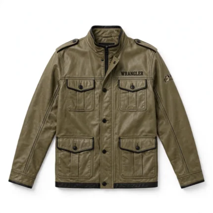 Wrangler Leather Jacket front view, khaki-olive with black trim field jacket