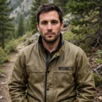 Model wearing the Wrangler Leather Jacket, khaki-olive with black trim field jacket