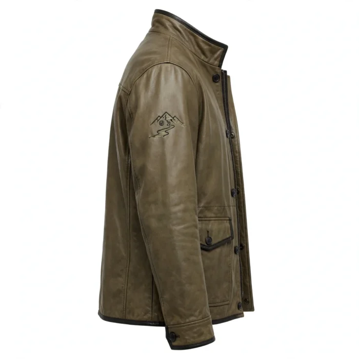 Wrangler Leather Jacket side view, khaki-olive with black trim field jacket
