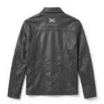 Xpeng Leather Jacket back view, charcoal grey leather jacket with silver x emblem with 'xpeng' text embroidered at the upper back, centred