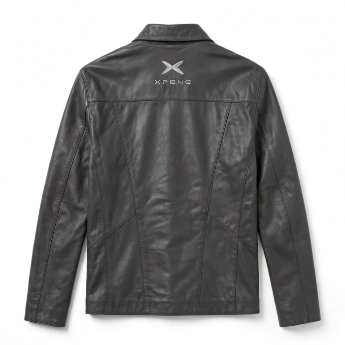 Xpeng Leather Jacket back view, charcoal grey leather jacket with silver x emblem with 'xpeng' text embroidered at the upper back, centred