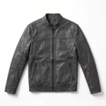 Xpeng Leather Jacket front view, charcoal grey leather jacket with small silver 'xpeng' wordmark embroidered on the left chest