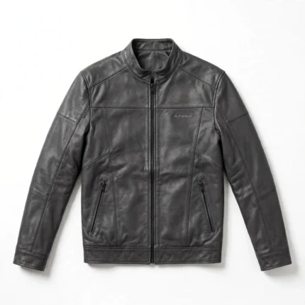 Xpeng Leather Jacket front view, charcoal grey leather jacket with small silver 'xpeng' wordmark embroidered on the left chest