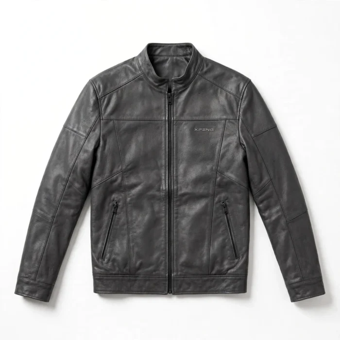 Xpeng Leather Jacket | Smart Electric Edge | Blackstone Jackets - Front View Xpeng Leather Jacket front view, charcoal grey leather jacket with small silver 'xpeng' wordmark embroidered on the left chest