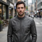 Person wearing the Xpeng Leather Jacket outdoors, front-facing, showing small silver 'xpeng' wordmark embroidered on the left chest