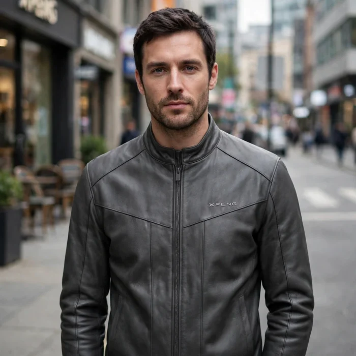 Person wearing the Xpeng Leather Jacket outdoors, front-facing, showing small silver 'xpeng' wordmark embroidered on the left chest