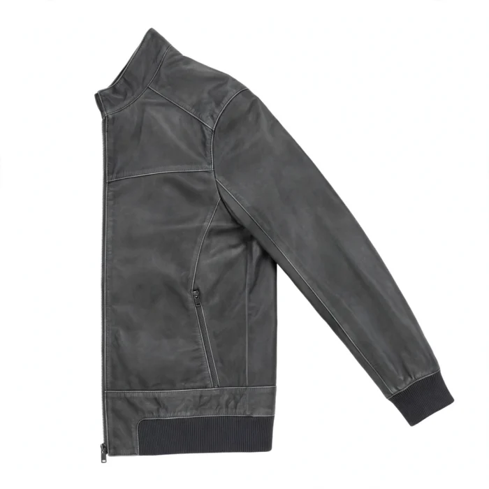 Xpeng Leather Jacket side view, charcoal grey leather jacket